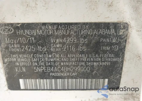 2011 Hyundai Sonata Gls из США, поврежденный, VIN 5NPEB4AC4BH299000